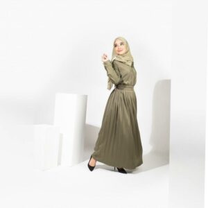 Rose Pleated Dress in Olive Green - Image 3