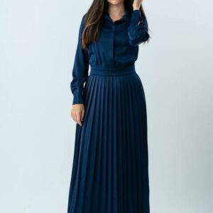 Rose Pleated Dress in Midnight Blue - Image 2