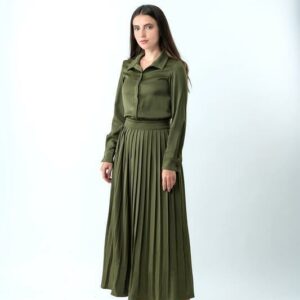 Rose Pleated Dress in Olive Green - Image 4