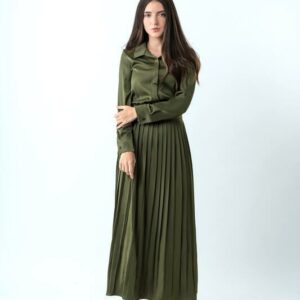 Rose Pleated Dress in Olive Green - Image 2